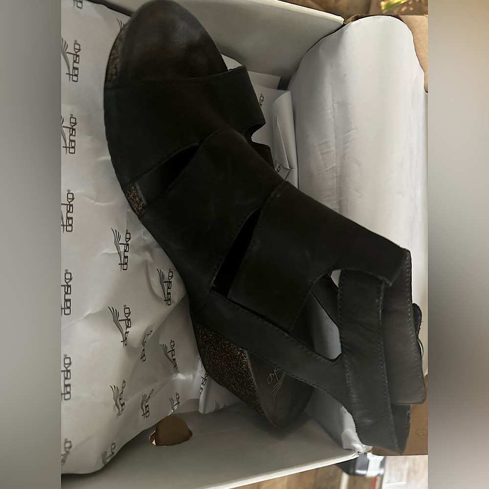 Dansko 41 black wedge sandals -Sera. Only worn once. Like new in box.